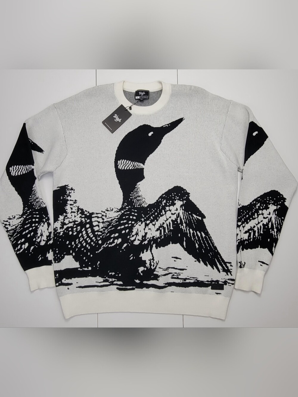 Waggle Loon Call Wildknit Crewneck Sweater Mens XL White Black Graphic Bird New